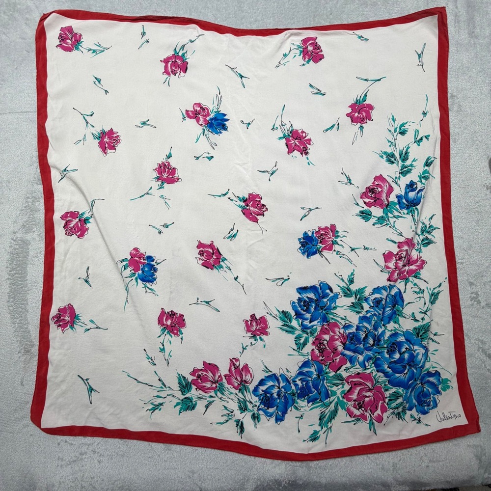 Vintage 1980s Valentino White Blue Pink Floral Scarf Romantic OS Authentic